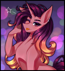 Size: 5500x6000 | Tagged: safe, artist:rainii.deiiz, imported from derpibooru, oc, oc only, oc:firework burst, pony, unicorn, bust, colorful background, ear piercing, earring, jewelry, magical lesbian spawn, offspring, one eye closed, parent:sunset shimmer, parent:twilight sparkle, parents:sunsetsparkle, piercing, solo, tongue out, tongue piercing, wink