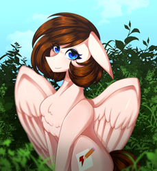 Size: 5500x6000 | Tagged: safe, artist:rainii.deiiz, imported from derpibooru, oc, oc only, oc:breanna, pegasus, pony, absurd resolution, draw this in your style, dtiys, female, grass, ponysona, smiling, solo