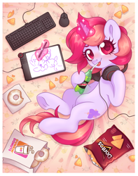 Size: 1974x2500 | Tagged: safe, artist:hawthornss, imported from derpibooru, oc, oc only, oc:dawnfire, pony, unicorn, bed, blushing, chips, computer mouse, cute, donut, doritos, drink, dunkin donuts, food, frog (hoof), headphones, keyboard, looking at you, lying down, magic, mountain dew, prone, straw in mouth, tablet, tablet drawing, tablet pen, tongue out, underhoof