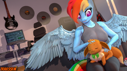 Size: 3840x2160 | Tagged: safe, artist:trailssfm, imported from derpibooru, rainbow dash, anthro, eevee, 3d, bow, breasts, busty rainbow dash, casual nudity, chair, clothes, computer, couch, cute, desk, guitar, musical instrument, nudity, pants, petting, poké ball, pokéball, pokémon, record, sitting, smiling, source filmmaker, speaker, speakers, tanktop, wings