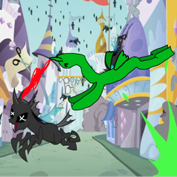 Size: 1024x1024 | Tagged: safe, anonymous artist, edit, edited screencap, imported from derpibooru, screencap, oc, oc:phill the alicorn, alicorn, changeling, a canterlot wedding, alicorn oc, bad design, bad oc, canterlot, dead, dead changeling, flying, horn, intentionally bad, magic, not salmon, parody, stylistic suck, wat, wings, x eyes