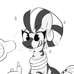 Size: 3000x3000 | Tagged: safe, artist:tjpones, imported from derpibooru, zecora, pony, zebra, black and white, cute, female, grayscale, hair dryer, monochrome, simple background, solo, sparkles, white background, zecorable