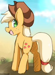 Size: 700x955 | Tagged: safe, artist:picklescatt, imported from derpibooru, applejack, earth pony, pony, applebutt, butt, cowboy hat, cute, hat, jackabetes, looking at you, looking back, looking back at you, open mouth, plot, smiling, solo