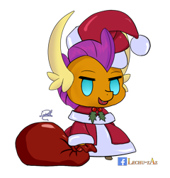 Size: 800x834 | Tagged: source needed, safe, artist:lechu-zaz, imported from derpibooru, smolder, dragon, christmas, clothes, costume, dragoness, female, hat, holiday, padoru, santa costume, santa hat, santa sack, simple background, solo, transparent background