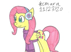 Size: 1047x767 | Tagged: safe, artist:cmara, imported from derpibooru, fluttershy, pegasus, pony, clothes, cute, earmuffs, female, mare, shyabetes, simple background, solo, sweater, sweatershy, traditional art, white background