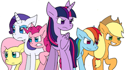 Size: 1566x864 | Tagged: safe, artist:cmara, imported from derpibooru, applejack, fluttershy, pinkie pie, rainbow dash, rarity, twilight sparkle, alicorn, earth pony, pegasus, pony, unicorn, angry, applejack's hat, cowboy hat, eyeshadow, female, grin, gritted teeth, hat, makeup, mane six, mare, raised hoof, simple background, smiling, smirk, twilight sparkle (alicorn), white background