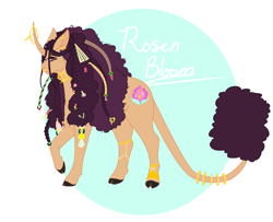 Size: 1056x856 | Tagged: safe, artist:minikitty101, imported from derpibooru, oc, oc only, oc:rosen bloom, pony, unicorn, big hair, cloven hooves, female, horn, horn ring, jewelry, leonine tail, magical lesbian spawn, mare, nose piercing, nose ring, offspring, parent:saffron masala, parent:trixie, parents:safftrix, piercing, ring, solo, tail, tail ring