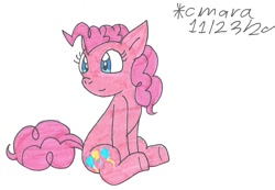 Size: 1235x855 | Tagged: safe, artist:cmara, imported from derpibooru, pinkie pie, earth pony, pony, female, mare, simple background, sitting, solo, traditional art, white background