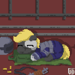 Size: 800x800 | Tagged: safe, artist:vohd, imported from derpibooru, oc, oc only, oc:maple wood, earth pony, pony, animated, armor, bag, frame by frame, helmet, metro 2033, pixel art, robotic legs, sleeping, solo, weapon