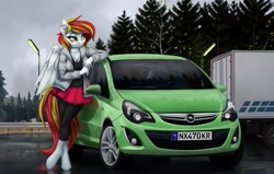 Size: 4000x2544 | Tagged: safe, artist:lightly-san, imported from derpibooru, oc, oc only, oc:diamond sun, anthro, pegasus, unguligrade anthro, car, clothes, ear fluff, female, jacket, opel, opel corsa, solo