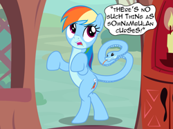 Size: 2221x1665 | Tagged: safe, artist:badumsquish, derpibooru exclusive, imported from derpibooru, rainbow dash, monster pony, original species, snake, aftermath, air quotes, angry, bipedal, curse, cursed, dialogue, doorway, eyeroll, female, frown, golden oaks library, implied twilight sparkle, mocking, multiple heads, pale belly, rainbow dash is not amused, raised hooves, sarcasm, snake tail, solo, somnambulan curse, species swap, talking to viewer, tongue flick, transformation, two toned coat, two-tone coat, unamused, wingless