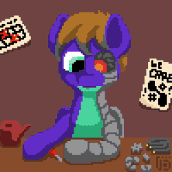 Size: 800x800 | Tagged: safe, artist:vohd, imported from derpibooru, oc, oc only, oc:riggseclipse, cyborg, cyborg pony, earth pony, pony, animated, cyber eye, frame by frame, gears, pixel art, poster, repairing, robotic legs, screwdriver, solo, wires
