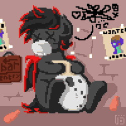 Size: 800x800 | Tagged: safe, artist:vohd, imported from derpibooru, oc, oc only, oc:moonwing, oc:riggseclipse, bat pony, pony, animated, belly, big belly, chubby, empty bottles, frame by frame, pixel art, sitting, solo, unconscious, wanted poster