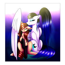 Size: 1600x1600 | Tagged: safe, artist:minelvi, imported from derpibooru, oc, oc only, earth pony, pegasus, pony, duo, earth pony oc, eyelashes, eyes closed, female, hug, makeup, mare, pegasus oc, simple background, transparent background, winghug, wings