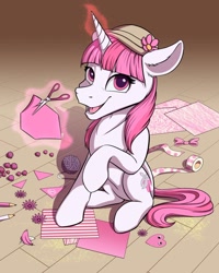 Size: 1280x1601 | Tagged: safe, artist:klarapl, imported from derpibooru, oc, oc only, oc:sweet snips, pony, unicorn, arts and crafts, bow, cute, feather, flower, glowing horn, googly eyes, hat, horn, paper, pencil, pink eyes, scissors, solo, tape, yarn, yarn ball