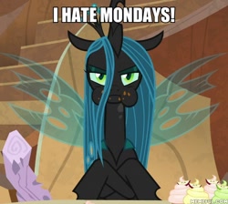 Size: 600x538 | Tagged: safe, edit, edited screencap, imported from derpibooru, screencap, mean twilight sparkle, queen chrysalis, changeling, changeling queen, frenemies (episode), apple, caption, crumbs, cupcake, cute, cutealis, eating, female, food, garfield, i hate mondays, image macro, log, memeful.com, puffy cheeks, text, twilog