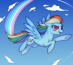 Size: 1800x1600 | Tagged: safe, artist:overthemaginot, derpibooru exclusive, imported from derpibooru, rainbow dash, pegasus, backwards cutie mark, cloud, female, flight, flying, mare, rainbow, sky, spread wings, wings