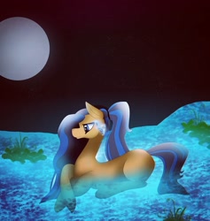 Size: 1080x1141 | Tagged: safe, artist:rxndxm.artist, imported from derpibooru, oc, oc only, earth pony, pony, earth pony oc, full moon, lying down, moon, night, prone, solo