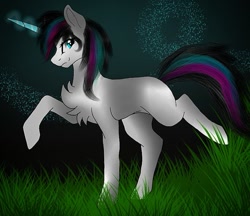 Size: 887x765 | Tagged: safe, artist:hazepages, artist:rxndxm.artist, imported from derpibooru, oc, oc only, oc:shooting star, pony, unicorn, base used, chest fluff, female, glowing horn, grass, horn, mare, raised hoof, solo, unicorn oc