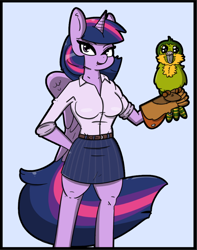 Size: 684x867 | Tagged: safe, artist:n-o-n, imported from derpibooru, twilight sparkle, alicorn, anthro, bird, parrot, breasts, clothes, kakapo, looking at you, shirt, skirt, solo, suit, tube skirt, twilight sparkle (alicorn)