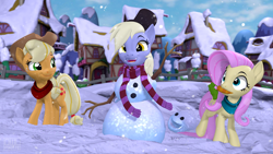 Size: 3840x2160 | Tagged: safe, artist:owlpirate, imported from derpibooru, applejack, derpy hooves, fluttershy, earth pony, pegasus, pony, 3d, applejack's hat, carrot, clothes, cowboy hat, food, hat, mouth hold, ponyville, scarf, sfm pony, smiling, snow, snowfall, snowman, source filmmaker, stick, winter