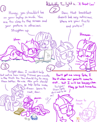 Size: 4779x6013 | Tagged: safe, artist:adorkabletwilightandfriends, imported from derpibooru, spike, twilight sparkle, twilight velvet, alicorn, dragon, pony, unicorn, comic:adorkable twilight and friends, adorkable, adorkable twilight, ass up, book, breakfast, cereal, comic, computer, cute, dinner, dork, family, food, glowing horn, guests, horn, laptop computer, lying down, magic, mom, mothers gonna mother, parent, prone, slice of life, telekinesis, tissue, tissue box, twilight sparkle (alicorn)