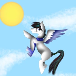 Size: 1080x1080 | Tagged: safe, artist:rxndxm.artist, imported from derpibooru, oc, oc only, pegasus, pony, clothes, cloud, flying, pegasus oc, scarf, smiling, solo, sun, two toned wings, wings
