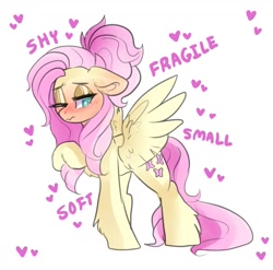 Size: 1331x1315 | Tagged: safe, artist:h0rsefeathers, imported from derpibooru, fluttershy, pegasus, pony, alternate hairstyle, blushing, cute, ear fluff, embarrassed, eyeshadow, female, floppy ears, fluffy, frown, heart, hoof fluff, leg fluff, lidded eyes, makeup, mare, one eye closed, ponytail, raised hoof, shy, shyabetes, simple background, solo, spread wings, wavy mouth, white background, wing fluff, wings, wink
