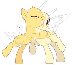 Size: 3075x2773 | Tagged: safe, artist:teepew, imported from derpibooru, oc, oc only, alicorn, pony, alicorn oc, bald, base, duo, eyes closed, grin, horn, hug, raised hoof, signature, simple background, smiling, solo, transparent background, wings