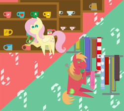 Size: 2160x1944 | Tagged: safe, anonymous artist, imported from derpibooru, big macintosh, fluttershy, earth pony, pegasus, pony, series:fm holidays, series:hearth's warming advent calendar, abstract background, advent calendar, candy, candy cane, christmas, clothes, coffee mug, cup, female, fluttermac, food, holiday, hoof hold, hoof on chin, lineless, male, mug, pointy ponies, scarf, shipping, shopping, straight, teacup