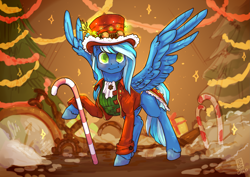 Size: 3541x2508 | Tagged: safe, artist:wonderblue, imported from derpibooru, oc, oc only, oc:thinker blue, pegasus, christmas, christmas lights, christmas tree, clothes, hat, holiday, pegasus oc, snow, steampunk, tree, wings