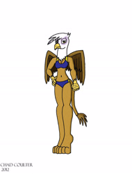 Size: 1564x2059 | Tagged: safe, artist:baroquewolfe, imported from derpibooru, gilda, anthro, beak, belly button, bikini, blue bikini, breasts, claws, cleavage, clothes, feather, female, glare, hand on hip, looking at you, simple background, solo, swimsuit, tail, white background, wings