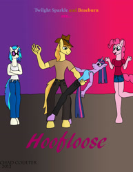 Size: 2153x2786 | Tagged: safe, artist:baroquewolfe, imported from derpibooru, braeburn, dj pon-3, pinkie pie, twilight sparkle, vinyl scratch, anthro, unguligrade anthro, clothes, dance floor, dancing, female, floor, footloose, holding, horn, male, midriff, parody, poster, shipping, straight, tanktop, text, twiburn