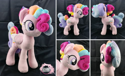 Size: 2097x1280 | Tagged: safe, artist:dixierarity, imported from derpibooru, oc, oc:confetti pop, pegasus, bow, commission, curls, cute, handmade, plushie, rainbow, sewing, your character here