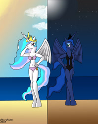 Size: 2180x2750 | Tagged: safe, artist:baroquewolfe, imported from derpibooru, princess celestia, princess luna, anthro, unguligrade anthro, bandeau, beach, belly button, bikini, breasts, cleavage, clothes, cloud, crown, day and night, female, females only, horn, jewelry, monokini, moon, moonlight, ocean, one-piece swimsuit, regalia, sand, stars, sun, swimsuit