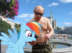 Size: 544x400 | Tagged: safe, edit, imported from derpibooru, rainbow dash, human, pegasus, pony, feeding, irl, irl human, kiev, photo, ponies in real life, ukraine, vladimir putin