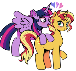 Size: 640x596 | Tagged: safe, artist:chikahu, imported from derpibooru, sunset shimmer, twilight sparkle, alicorn, pony, unicorn, blushing, female, floating heart, heart, lesbian, raised hoof, shipping, spread wings, sunsetsparkle, wings