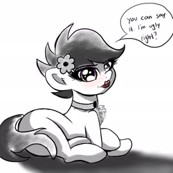 Size: 2048x2048 | Tagged: safe, artist:stammis, imported from derpibooru, scootaloo, pony, bimbo, bimboification, chest fluff, choker, commission, dialogue, female, flower, flower in hair, lipstick, looking at you, makeup, solo, speech bubble, talking to viewer