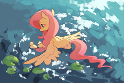 Size: 855x571 | Tagged: safe, artist:vergolophus, imported from derpibooru, fluttershy, bird, duck, pegasus, pony, behaving like a bird, blushing, cute, duckling, female, lilypad, mare, shyabetes, smiling, solo, spread wings, swimming, water, water fowl, wings