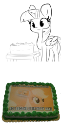 Size: 3000x6000 | Tagged: safe, artist:tjpones, edit, editor:i-shooped-a-pwny safe, imported from derpibooru, applejack, twilight sparkle, alicorn, pony, 2 panel comic, absurd resolution, birthday cake, black and white, cake, caption, comic, female, food, grayscale, image macro, mare, meme, message, monochrome, portal (valve), recursion, simple background, solo, text, the cake is a lie, they told me, twilight sparkle (alicorn), white background