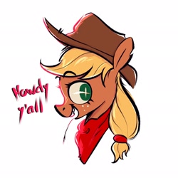 Size: 2048x2048 | Tagged: safe, artist:kerpupu, imported from ponybooru, applejack, earth pony, pony, applejack's hat, bust, cowboy hat, dialogue, female, hat, mare, neckerchief, open mouth, portrait, simple background, solo, straw in mouth, white background