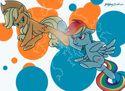 Size: 1100x805 | Tagged: safe, artist:kyle23emma, imported from derpibooru, applejack, rainbow dash, earth pony, pegasus, action pose, blue, electricity, food, hoofbump, kick, lightning, orange, simple background, white background