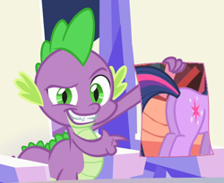 Size: 512x419 | Tagged: safe, edit, imported from derpibooru, screencap, spike, twilight sparkle, dragon, pony, unicorn, party of one, season 6, the crystalling, arguments on the comments, butt, claws, cropped, crystal heart, dreamworks face, fangs, female, golden oaks library, hero, male, mare, plot, poster, smiling, smug, solo, twibutt, unicorn twilight