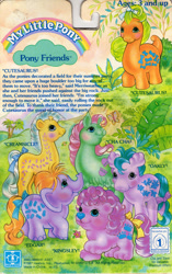 Size: 569x907 | Tagged: safe, imported from derpibooru, cha cha, creamsicle (g1), cutesaurus, edgar, kingsley, big cat, butterfly, dinosaur, elephant, giraffe, lion, llama, moose, sauropod, backcard, backcard story, bow, g1, oakly, official, palm tree, pony friends, tail bow, text, tree