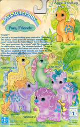 Size: 569x907 | Tagged: safe, imported from derpibooru, cha cha, creamsicle (g1), cutesaurus, edgar, kingsley, big cat, butterfly, dinosaur, elephant, giraffe, lion, llama, moose, sauropod, backcard, backcard story, bow, g1, oakly, official, palm tree, pony friends, tail bow, text, tree