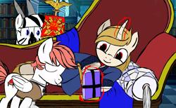 Size: 1356x836 | Tagged: safe, artist:uncreative, imported from derpibooru, oc, oc:fluffy pillow, oc:regal inkwell, pegasus, unicorn, zebra, bowing, butler, clothes, fainting couch, happy, magic, master and servant, present, robe, roman, spqr, telekinesis, this will end in tears, trio, waistcoat