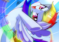 Size: 2048x1448 | Tagged: safe, artist:yuyu_maybe, artist:yuyutsuka_0130, imported from derpibooru, rainbow dash, pegasus, flying, open mouth, sonic rainboom