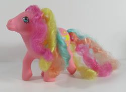 Size: 600x438 | Tagged: safe, imported from derpibooru, photographer:breyer600, stripes (g1), g1, irl, photo, rainbow curl ponies, rainbow curl pony, simple background, toy