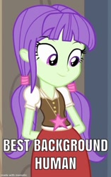 Size: 752x1200 | Tagged: safe, edit, edited screencap, imported from derpibooru, screencap, starlight, starshine, equestria girls, equestria girls (movie), background human, best background human, best human, blouse, caption, female, image macro, jewelry, mematic, meme, necklace, pigtails, solo, text, twintails