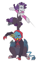 Size: 2000x3200 | Tagged: safe, artist:kikirdcz, imported from derpibooru, gallus, rarity, griffon, pony, unicorn, alternate hairstyle, belt, clothes, commission, duo, eyeshadow, female, gwen stacy, hoodie, leggings, makeup, male, mare, miles morales, shirt, shoes, shorts, simple background, sneakers, spider-gwen, spider-man, spider-man: into the spider-verse, t-shirt, transparent background